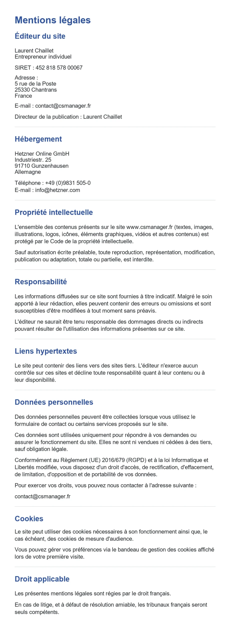 Mentions légales CS Manager